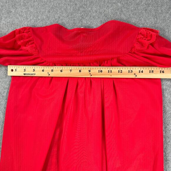 Green Bros. Vintage Robe Sleep Nightgown Size 6 Red Nylon Sheer Lace Trim Button - Picture 6 of 6